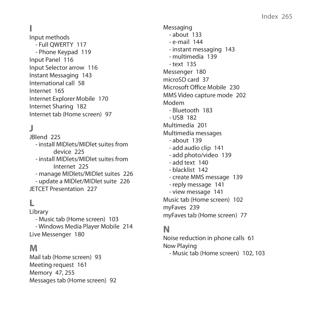 HTC RHOD210 user manual Index  